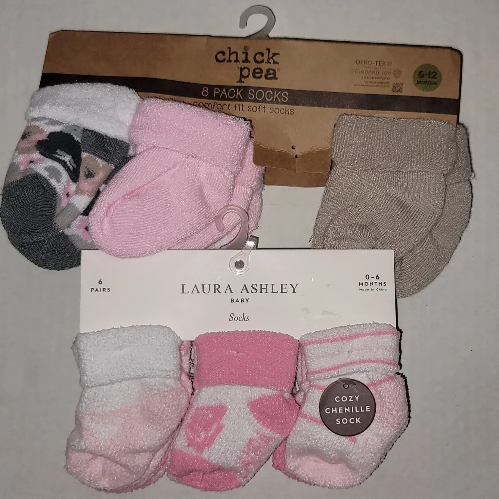 LAURA Ashley Chick Pea socks baby pink white gray ballerina 0 - 6 M